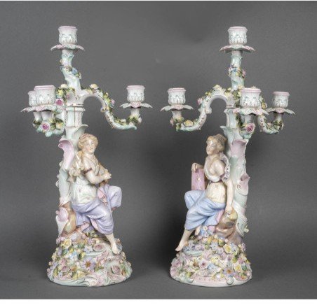 Pair Of Porcelain Candelabra In The Style Of Meissen, 19th Century.