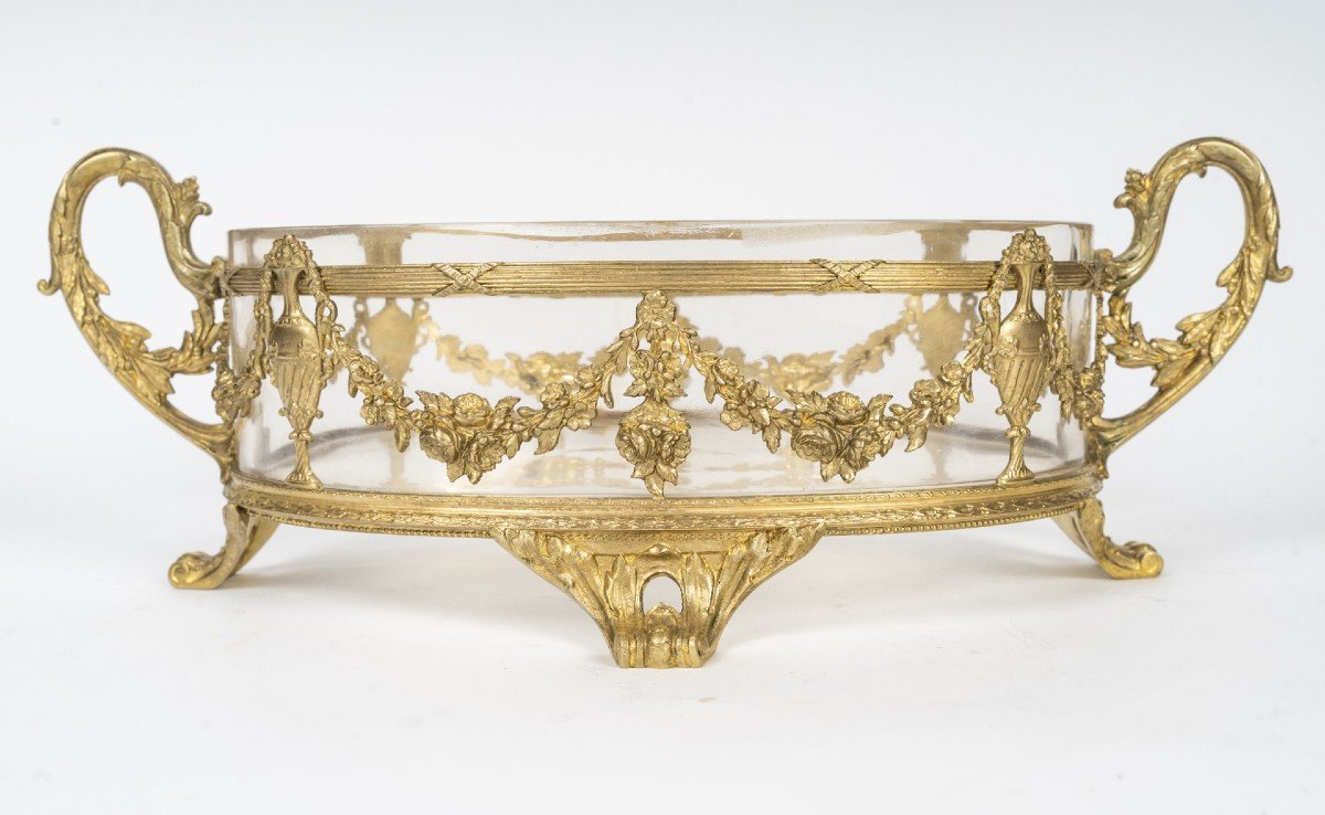 Coupe Ou Centre De Table En Cristal Et Bronze Doré, Style Louis XVI, Fin XIXème Siècle-photo-4