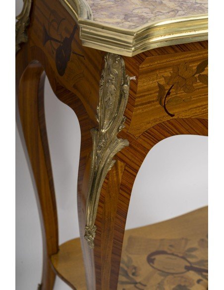 Paire De Petites Tables D’appoint De Style Louis XV – Marqueterie & Marbre-photo-2