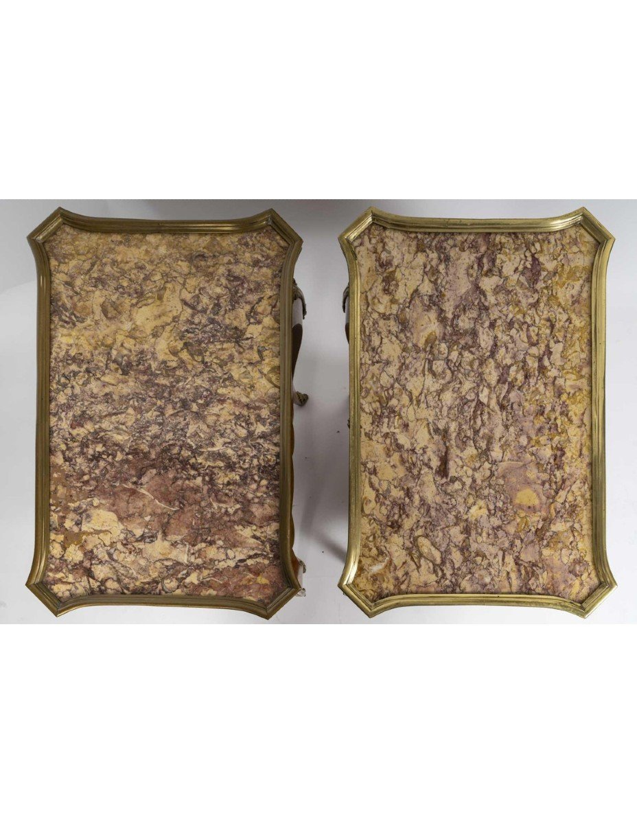 Paire De Petites Tables D’appoint De Style Louis XV – Marqueterie & Marbre-photo-2