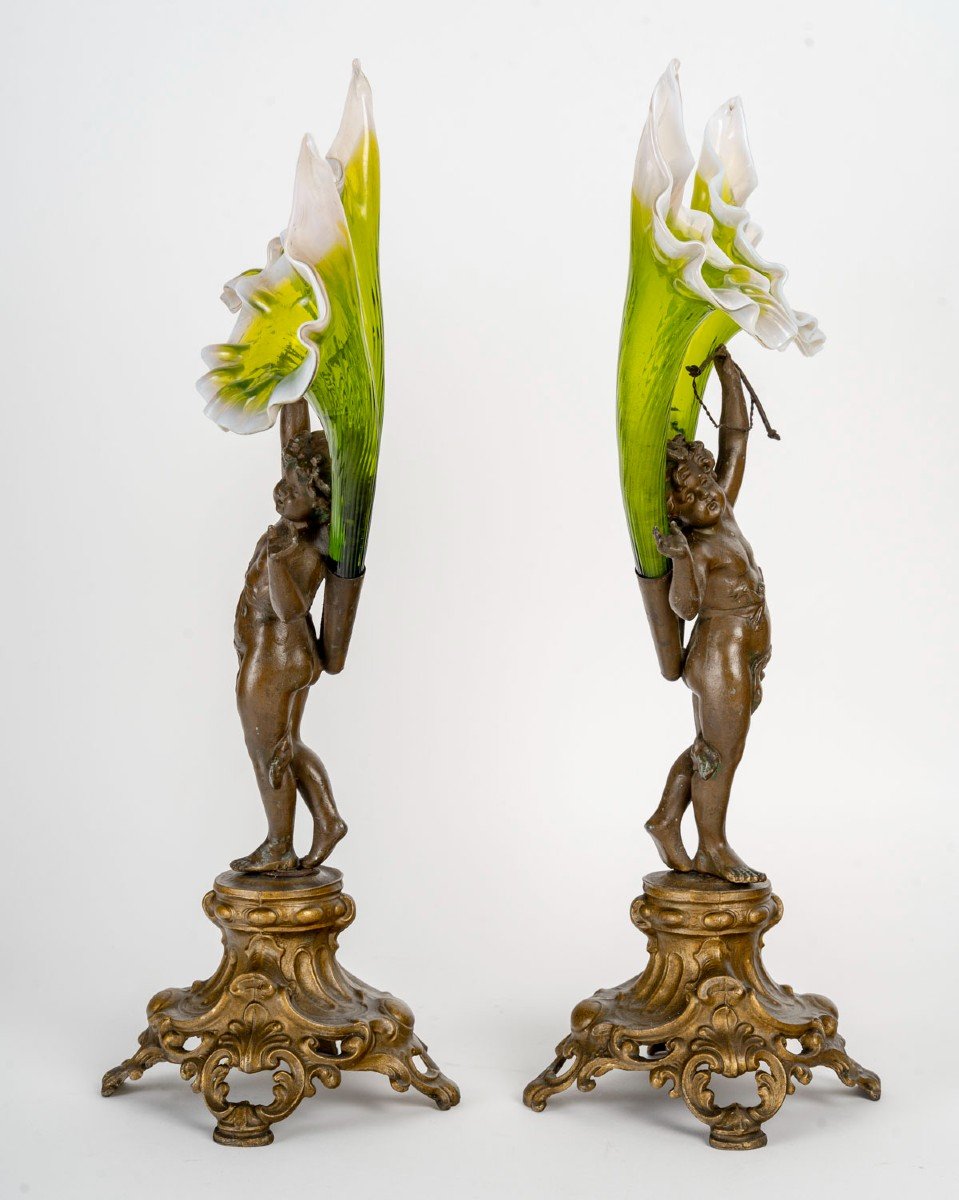 Pair Of Murano Crystal And Spelter Cornets – Art Nouveau Style, Late 19th - Early 20th Century-photo-1