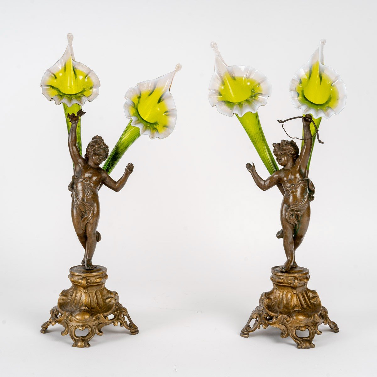 Pair Of Murano Crystal And Spelter Cornets – Art Nouveau Style, Late 19th - Early 20th Century