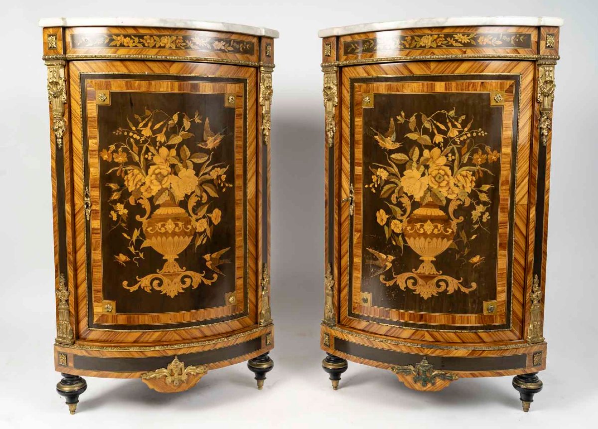 Pair Of Napoleon III Corner Cabinets In Marquetry And Gilt Bronze-photo-2