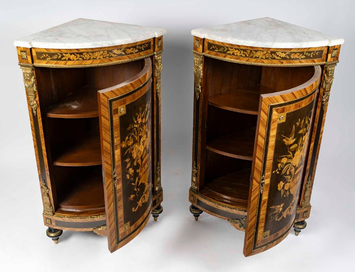 Pair Of Napoleon III Corner Cabinets In Marquetry And Gilt Bronze-photo-1