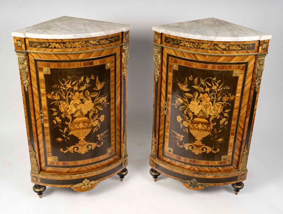 Pair Of Napoleon III Corner Cabinets In Marquetry And Gilt Bronze