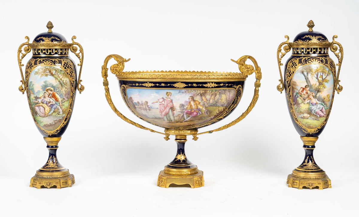 Pair Of Covered Casseroles And A Porcelain Bowl On A Pedestal