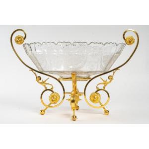 Very Beautiful Engraved And Decorated Crystal Cup, Gilt Bronze Mount