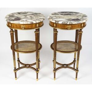 Pair Of Solid Wood Pedestal Tables With Marble Top And Drawer Signed Maison Lalande