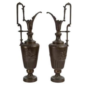 Pair Of Patinated Bronze Ewers, Dating From The 19th Century