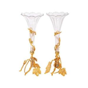 Pair Of Soliflores In Gilt Bronze And Cut Crystal From The 19th Century