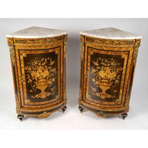 Pair Of Napoleon III Corner Cabinets In Marquetry And Gilt Bronze