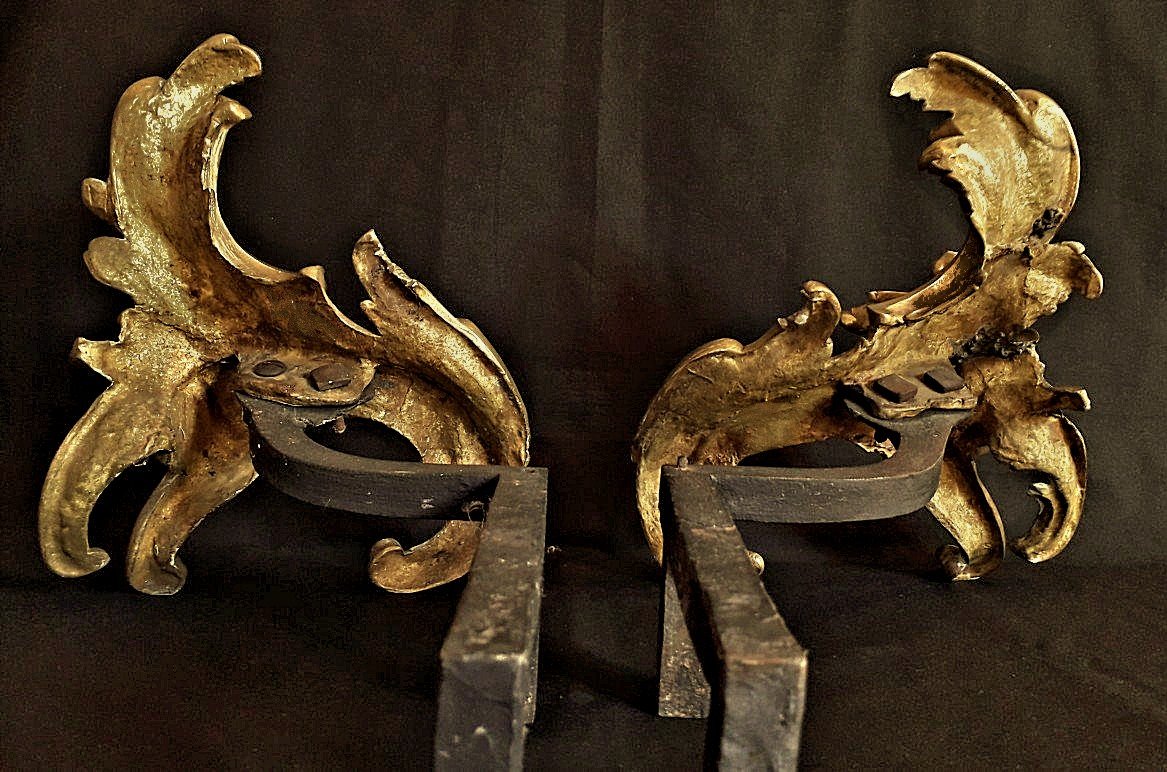 Andirons Louis XV 18th Century Gilt Bronze H. 28 Cm, L. 35 Cm, D. 27 Cm-photo-3