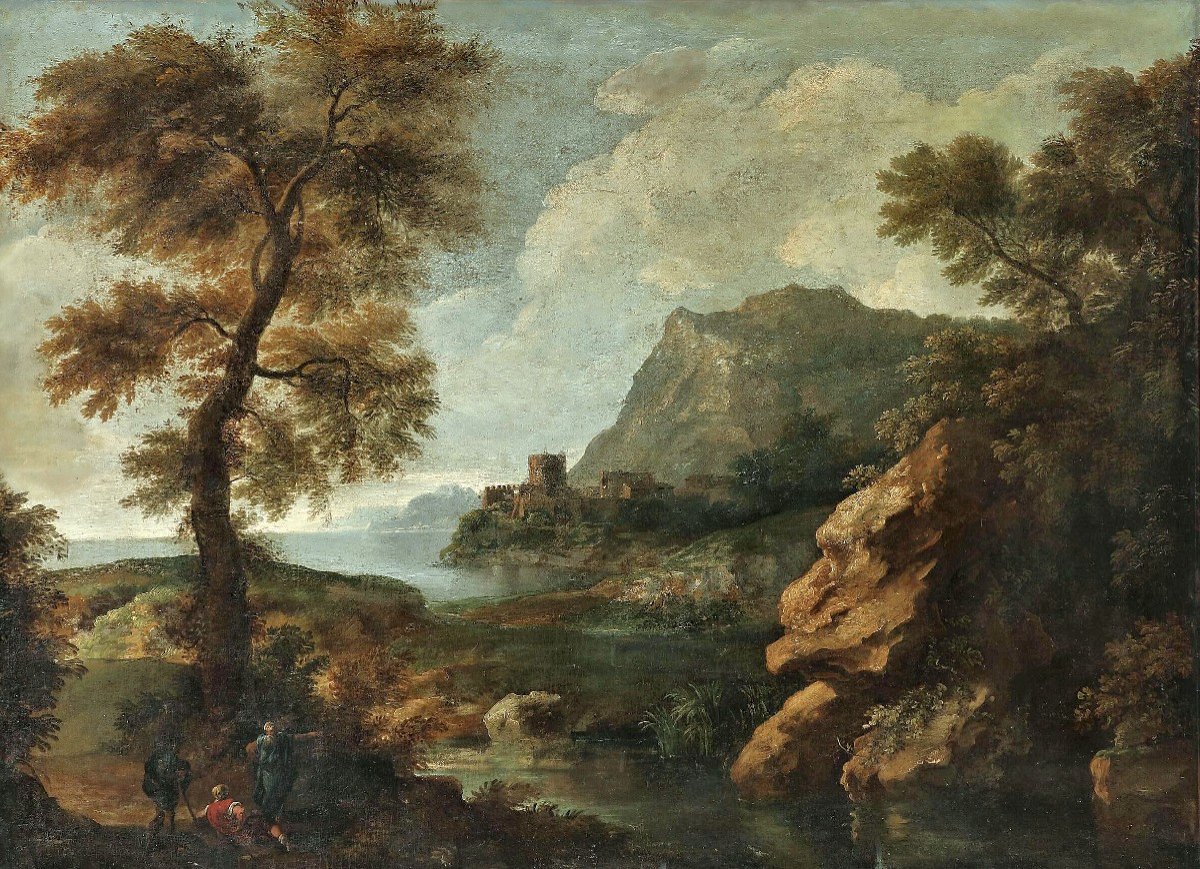 Jean-françois Millet I 1642-1679 Attr. Italian Landscape With Resting Hikers-photo-2