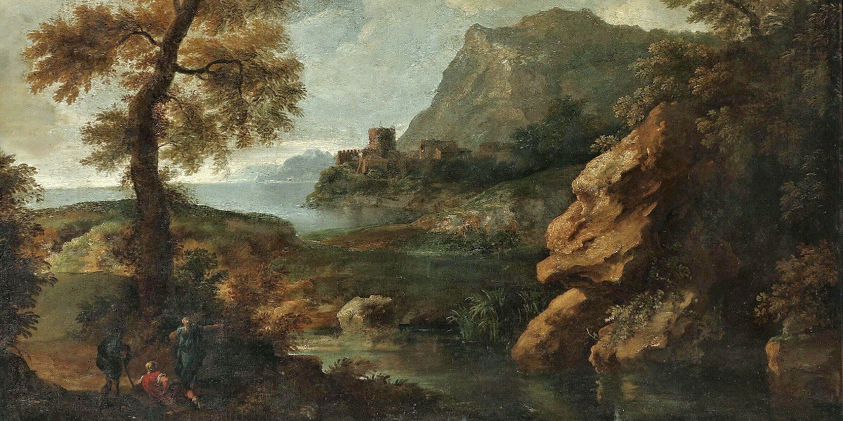 Jean-françois Millet I 1642-1679 Attr. Italian Landscape With Resting Hikers-photo-4