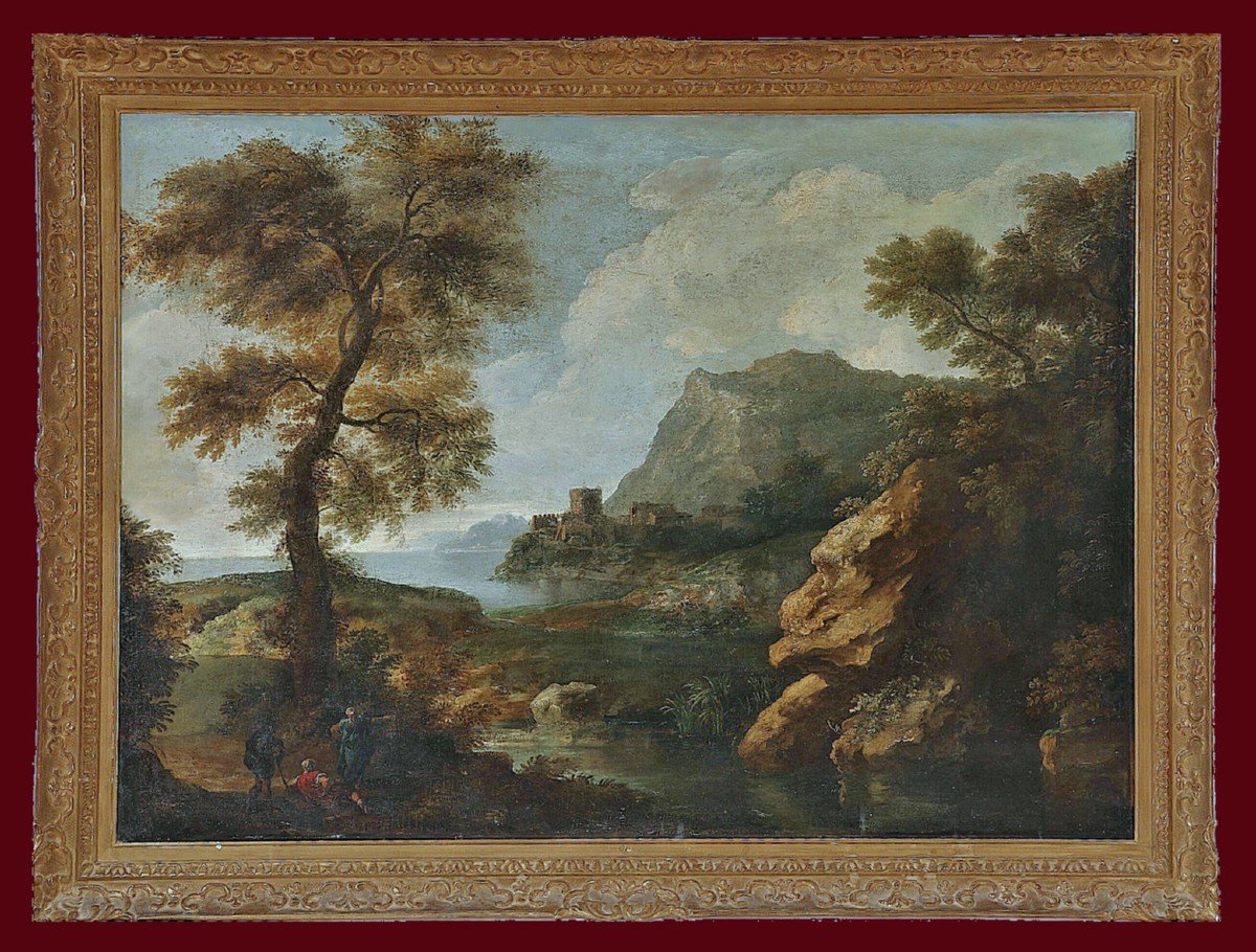 Jean-françois Millet I 1642-1679 Attr. Italian Landscape With Resting Hikers