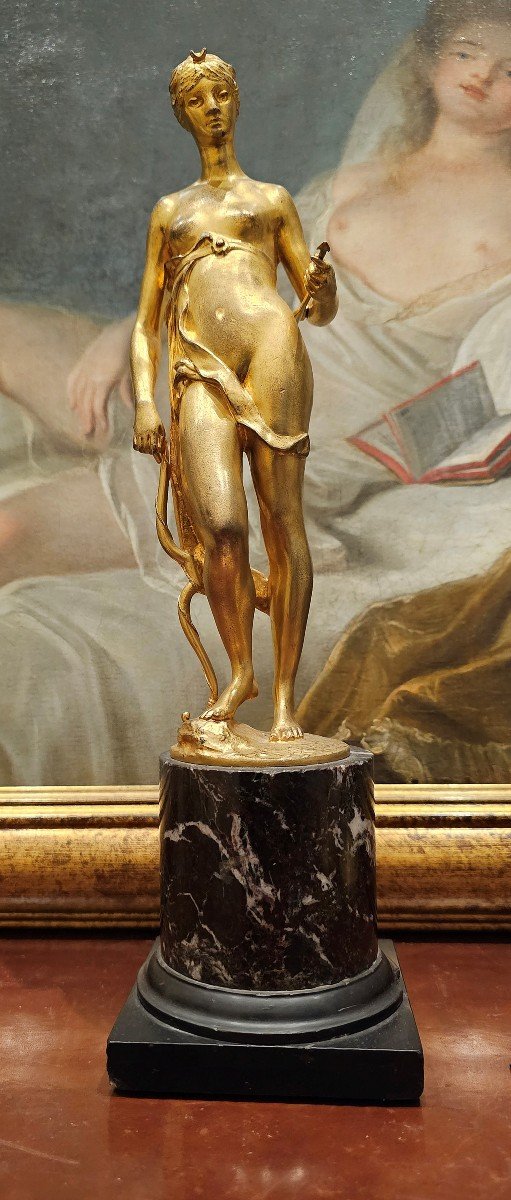 Diana Sculpture In Gilded Bronze On Empire Marble Column Circa 1810 H. 33.5 Cm-photo-1