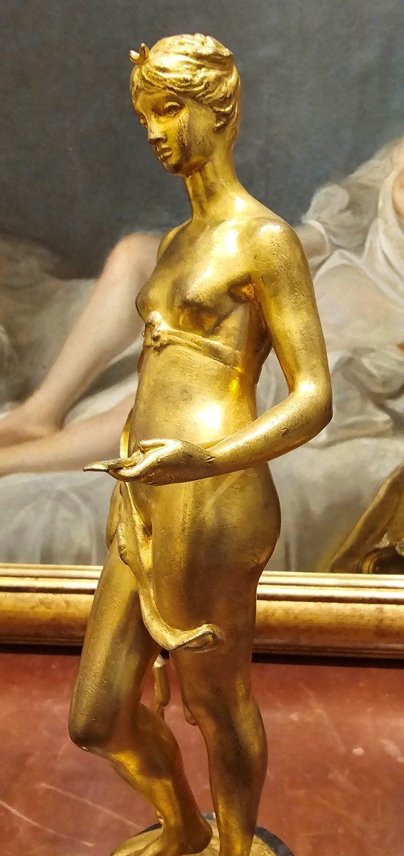 Diana Sculpture In Gilded Bronze On Empire Marble Column Circa 1810 H. 33.5 Cm-photo-5