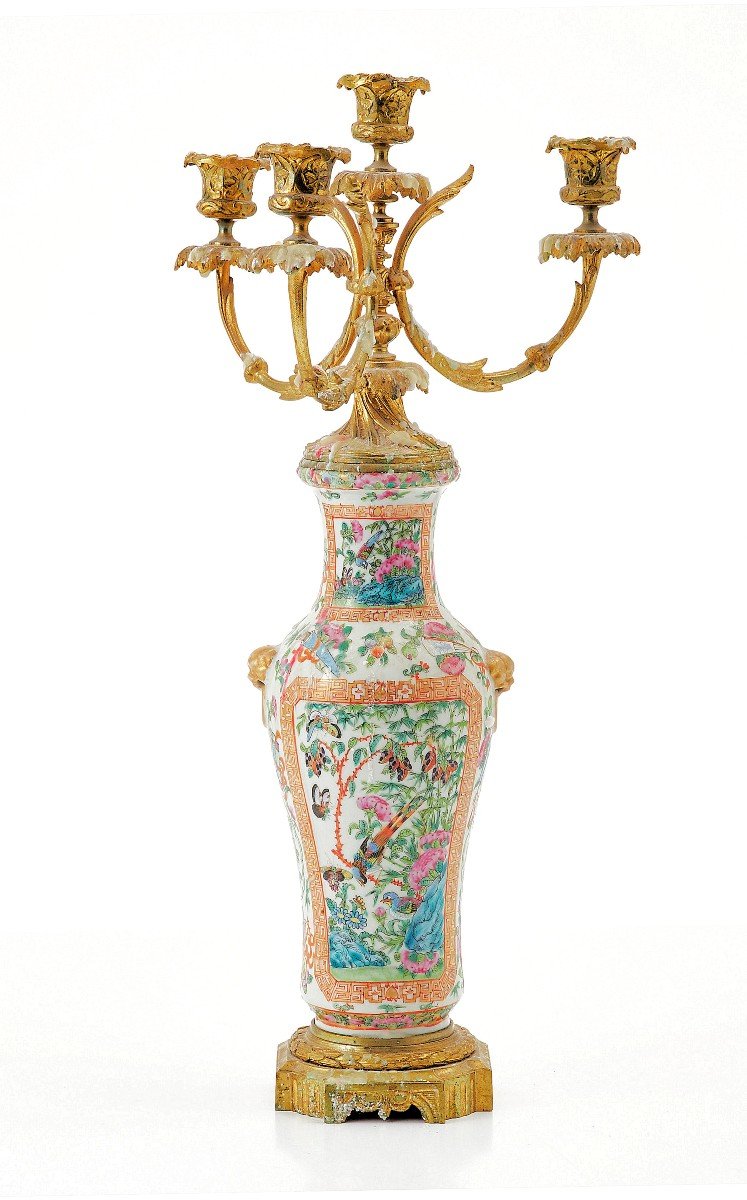 Candelabra 19th Century. Napoleon III. The Porcelain Vase Canton China Qing Dynasty H. 54 Cm-photo-2