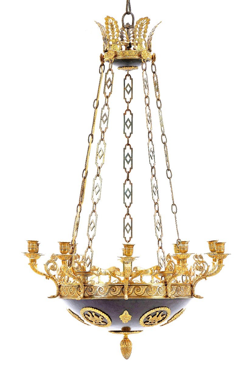 Lustre Plafonnier à 10 Branches Empire Vers 1820   H.90 cm ; D.60 cm  électrifié ultérieurement