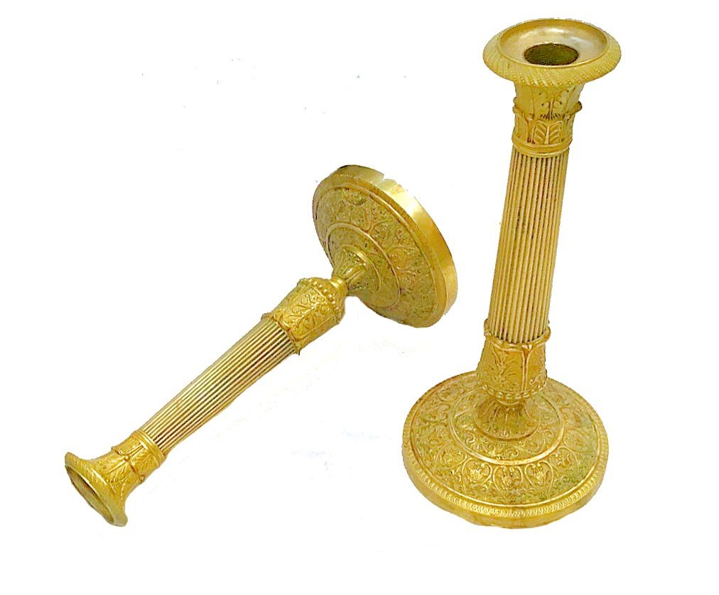 Empire Candlesticks Circa 1820 Stamped Gf Gérard-jean Galle (1788-1846) Gilt Bronze H. 27.5 Cm -photo-2