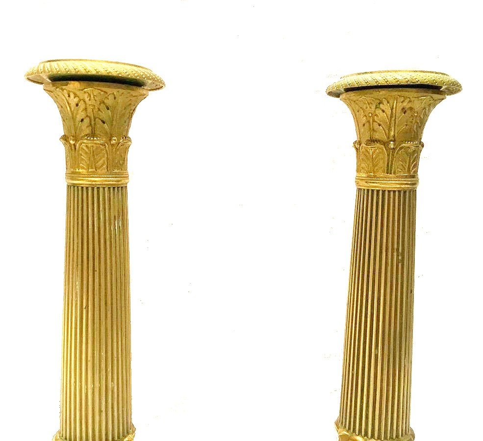 Empire Candlesticks Circa 1820 Stamped Gf Gérard-jean Galle (1788-1846) Gilt Bronze H. 27.5 Cm -photo-1