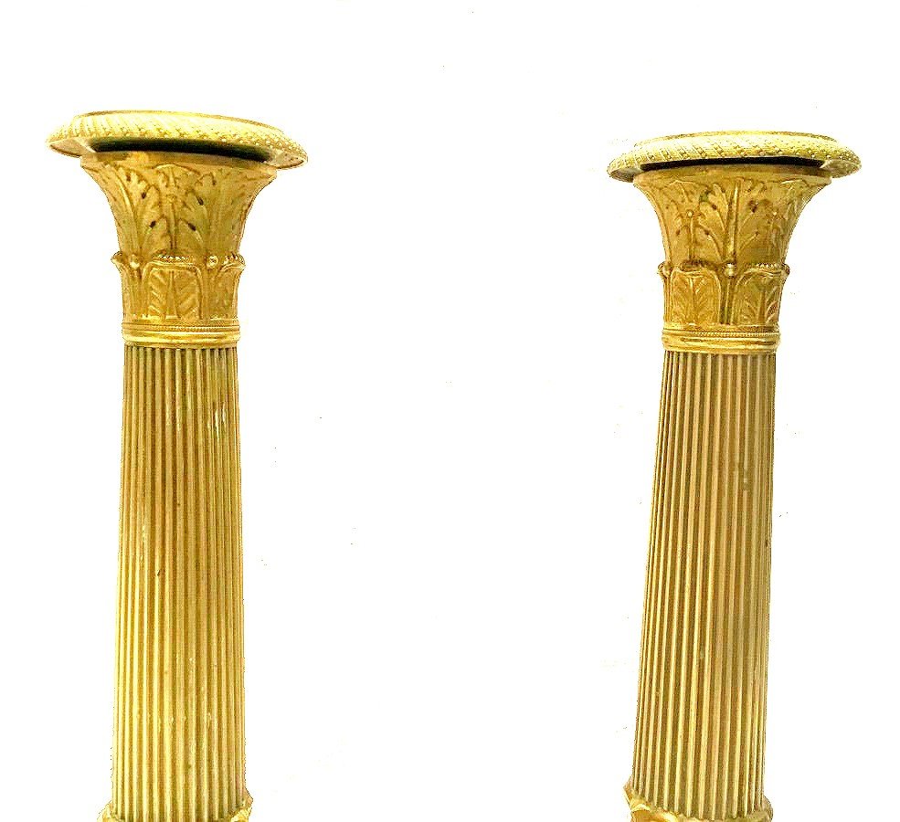 Empire Candlesticks Circa 1820 Stamped Gf Gérard-jean Galle (1788-1846) Gilt Bronze H. 27.5 Cm -photo-1