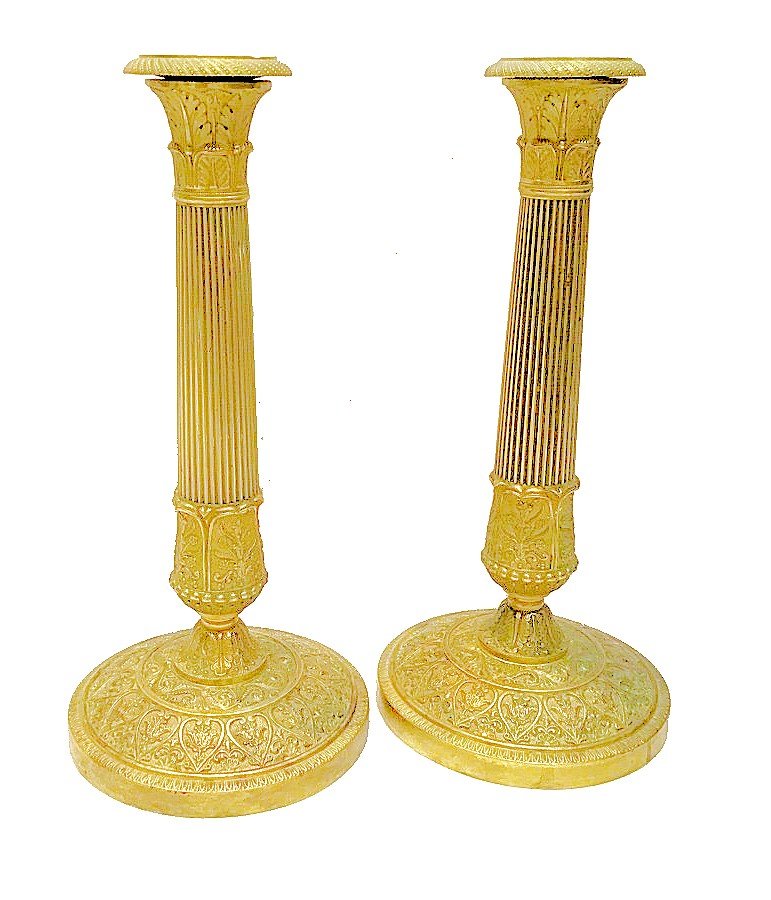 Empire Candlesticks Circa 1820 Stamped Gf Gérard-jean Galle (1788-1846) Gilt Bronze H. 27.5 Cm 