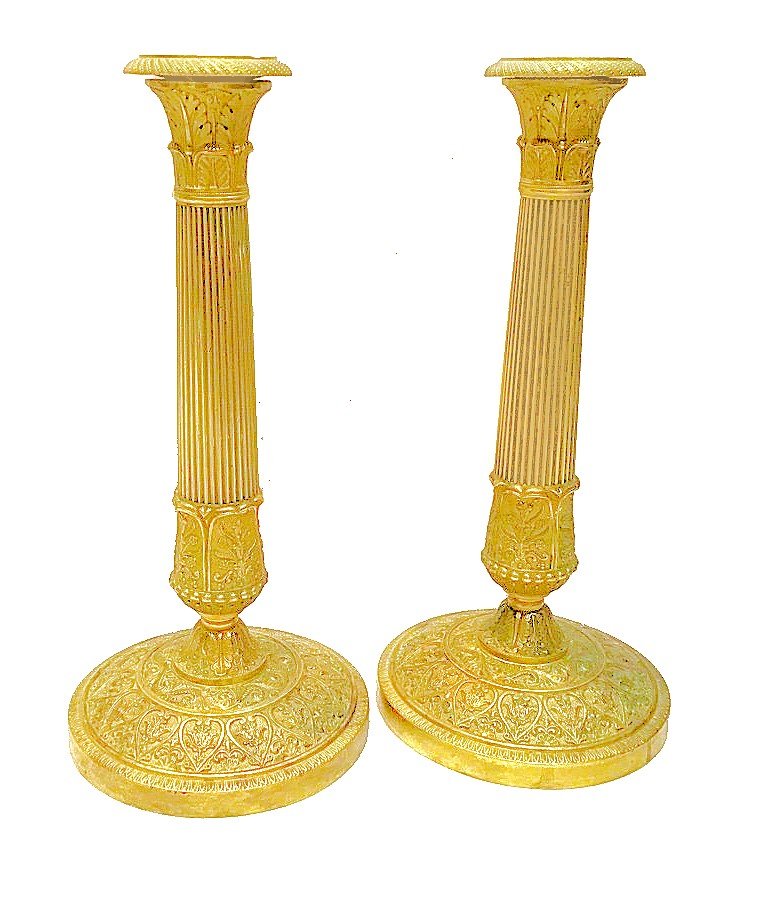 Empire Candlesticks Circa 1820 Stamped Gf Gérard-jean Galle (1788-1846) Gilt Bronze H. 27.5 Cm 