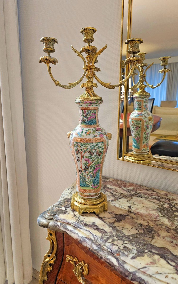 Candelabra 19th Century. Napoleon III. The Porcelain Vase Canton China Qing Dynasty H. 54 Cm-photo-2