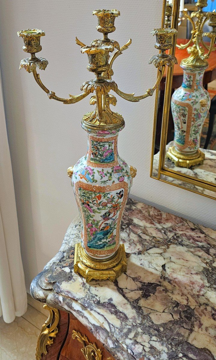 Candelabra 19th Century. Napoleon III. The Porcelain Vase Canton China Qing Dynasty H. 54 Cm-photo-4