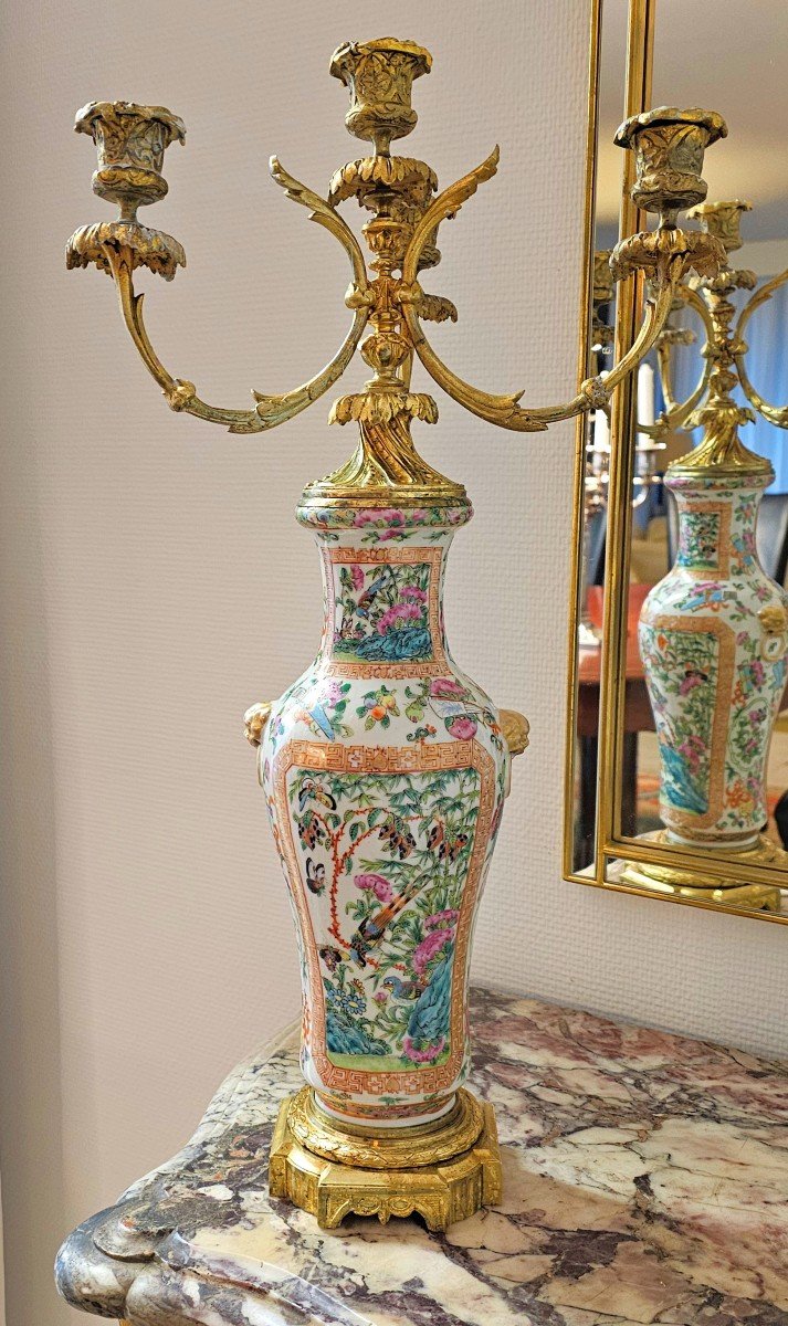 Candelabra 19th Century. Napoleon III. The Porcelain Vase Canton China Qing Dynasty H. 54 Cm