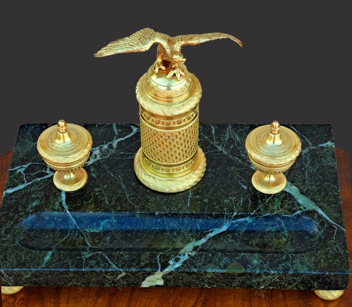 Empire Inkwell Circa 1800 Gilt Bronze And Marble-photo-4