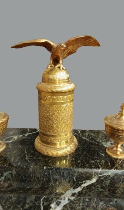 Empire Inkwell Circa 1800 Gilt Bronze And Marble-photo-2