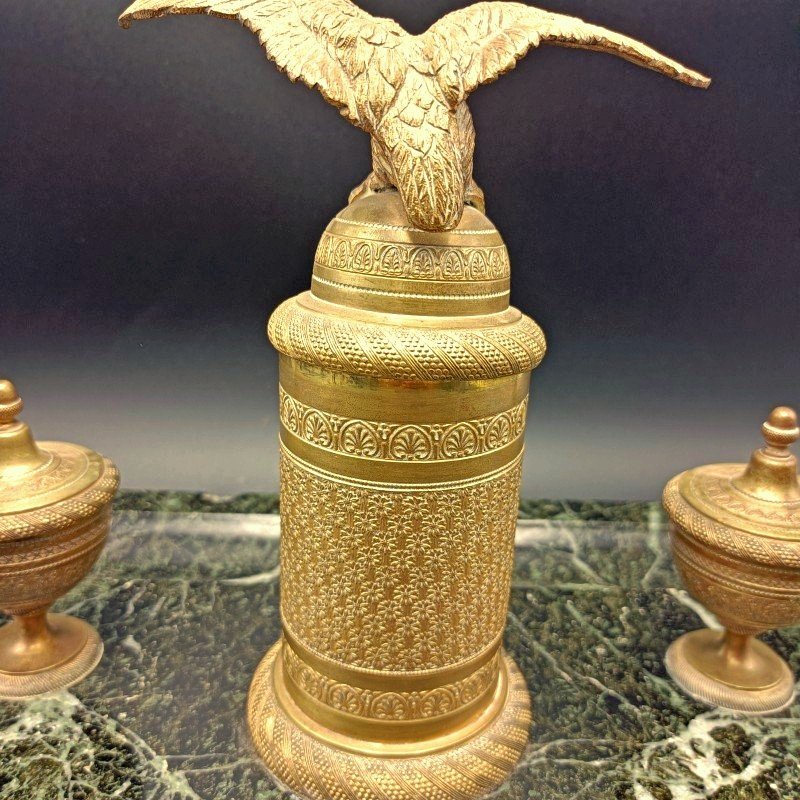 Empire Inkwell Circa 1800 Gilt Bronze And Marble-photo-3