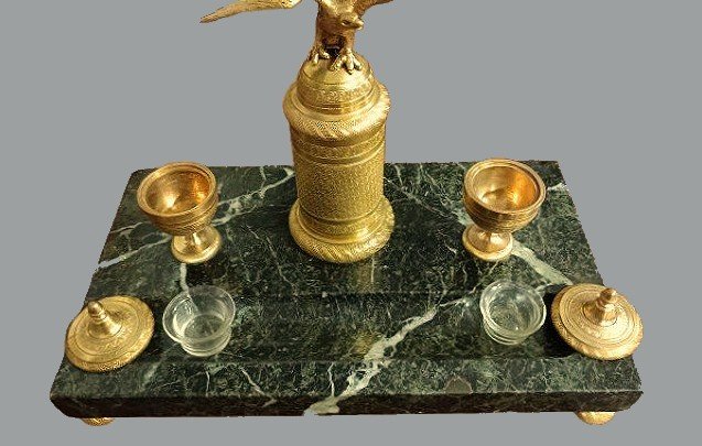 Empire Inkwell Circa 1800 Gilt Bronze And Marble-photo-5