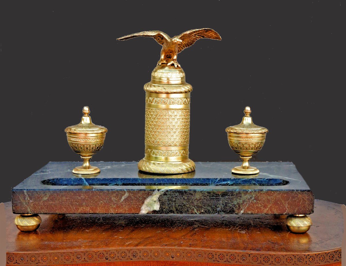 Empire Inkwell Circa 1800 Gilt Bronze And Marble