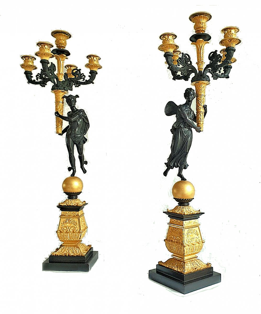 Pair Of Empire Candelabra Circa 1810 Mercury And Psyche H. 66 Cm, Br. 20 Cm, P. 20 Cm