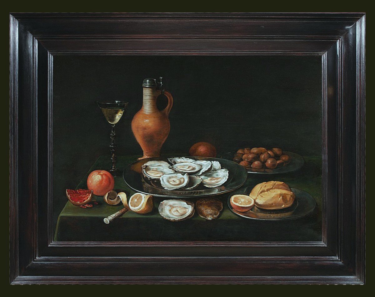 Jacob Van Es 1596-1666 Still Life With Oysters And Stoneware Pitcher By Raeren-photo-2