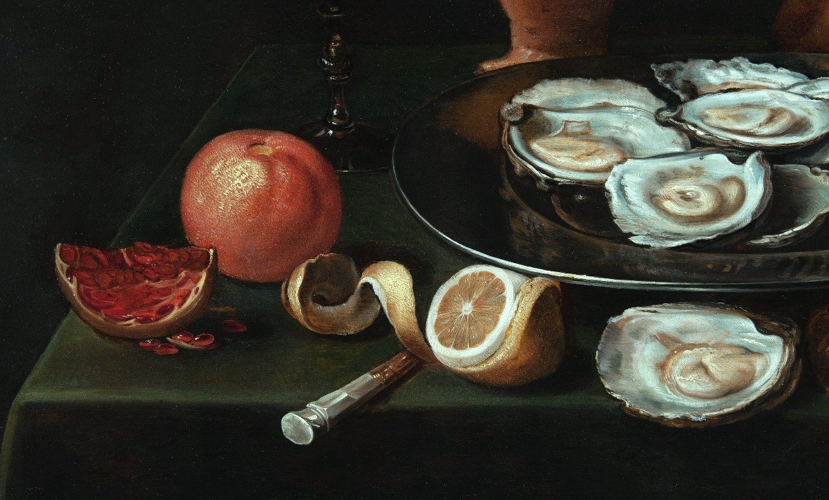 Jacob Van Es 1596-1666 Still Life With Oysters And Stoneware Pitcher By Raeren-photo-3