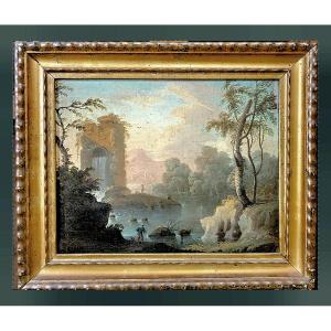 Jean-baptiste Pillement 1728-1808 Attr. River Landscape With Waterfall Oil On Canvas 50 X 42 Cm