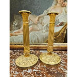 Empire Candlesticks Circa 1820 Gérard-jean Galle (1788-1846) Bronze, Fire-gilded - H. 27.5 Cm 