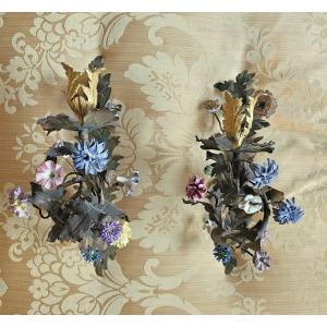 Pair Of Appliques With Porcelain Flowers And Hot Gilded Floral Candle Holders Louis X