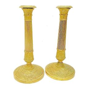 Empire Candlesticks Circa 1820 Stamped Gf Gérard-jean Galle (1788-1846) Gilt Bronze H. 27.5 Cm 