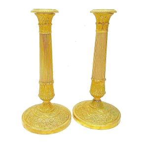 Empire Candlesticks Circa 1820 Stamped Gf Gérard-jean Galle (1788-1846) Gilt Bronze H. 27.5 Cm 