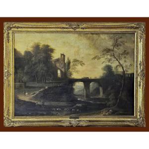 Jean-Baptiste Huet I. 1745-1811  Paysage Fluvial Avec Personnages  Huile Sur Toile