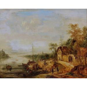 Christian Georg Schütz 1718-1791     Paysage Rhénan Idéal    Huile Sur Cuivre  20,5 X 25 Cm    