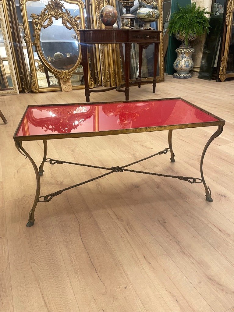 Table Basse En Bronze Doré Des Années 1950 , Entretoise Cordelette