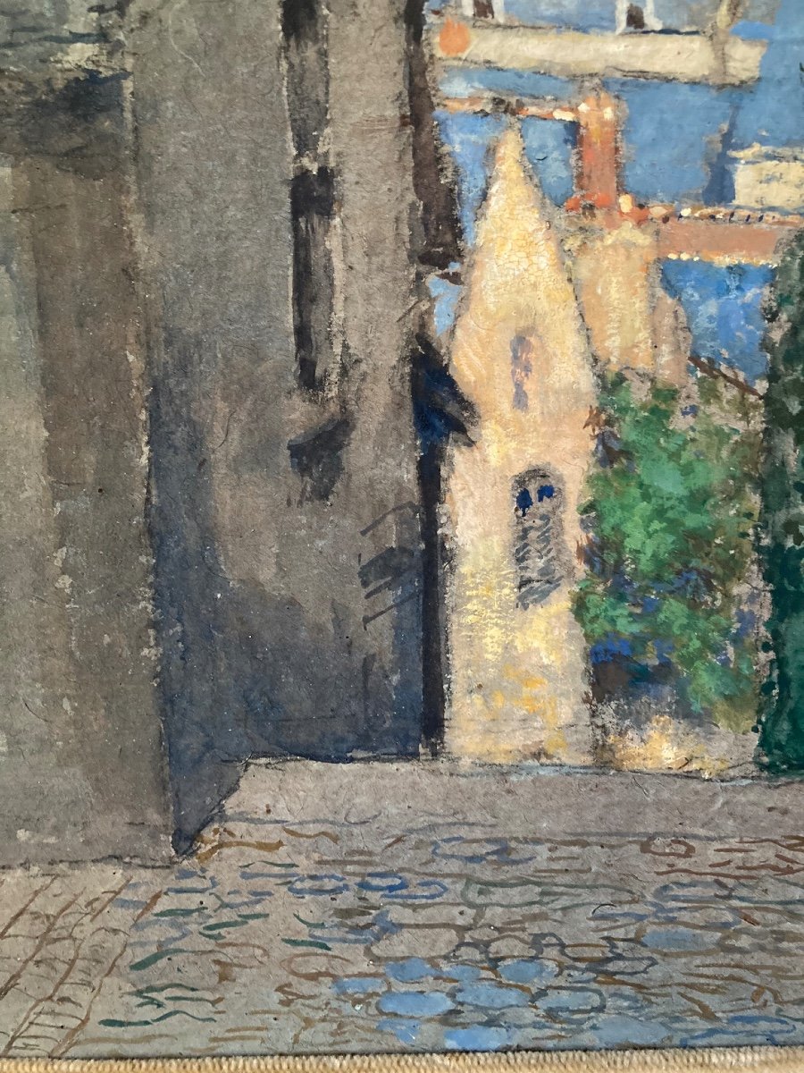 Vieille Ruelle Plongeante Sur La Ville. Gouache De Gustave-max Stevens.-photo-3