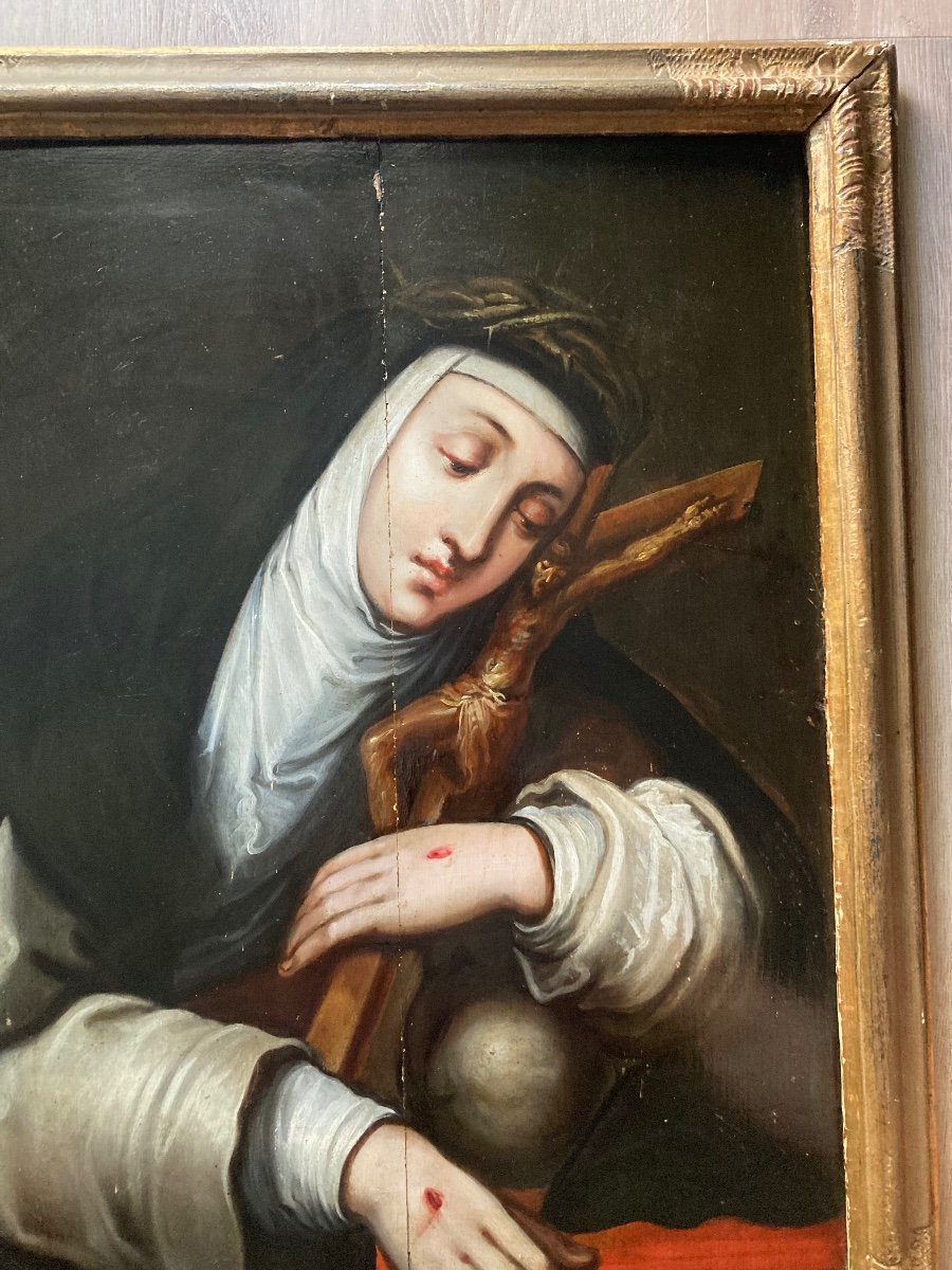 17th Century Flemish School. Saint Catherine Of Siena. Oil On Oak Panel.-photo-2