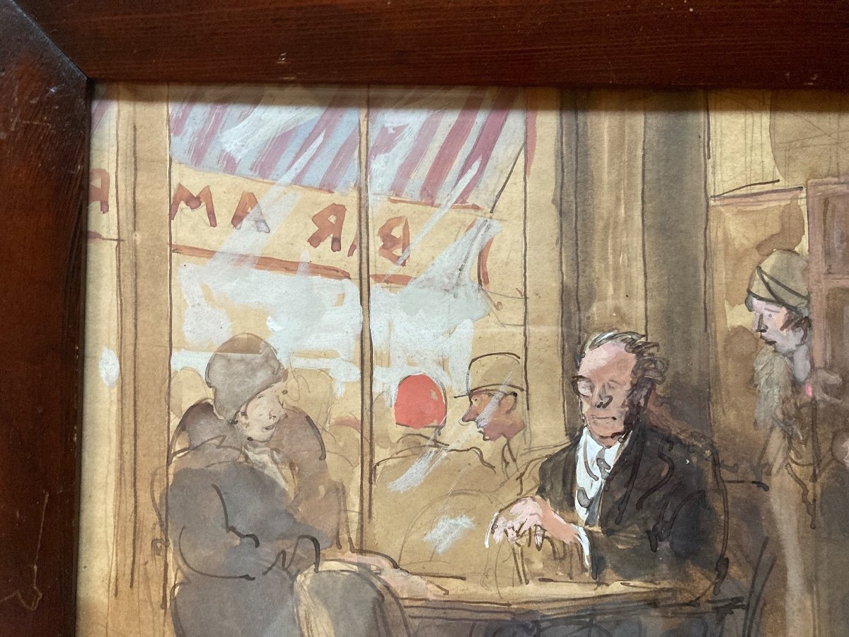 Gouache Around 1920. Interior Of Lively Parisian Café. Illegible Signature.-photo-4